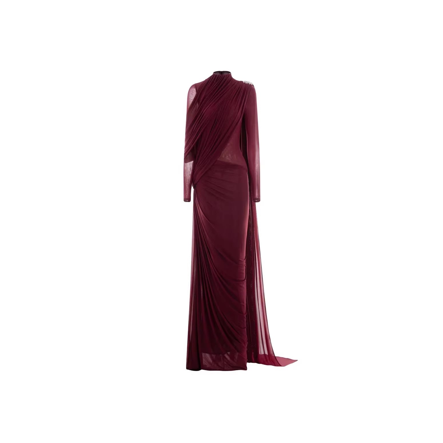 Robe Cape Longue Col Haut Plissée Détails Métal — Bordeaux