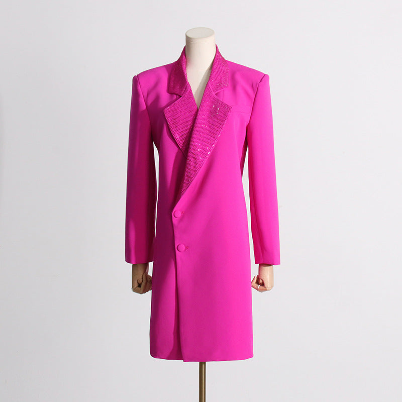 Veste Tailleur Longue Strass Col Costume — Luxe Femme