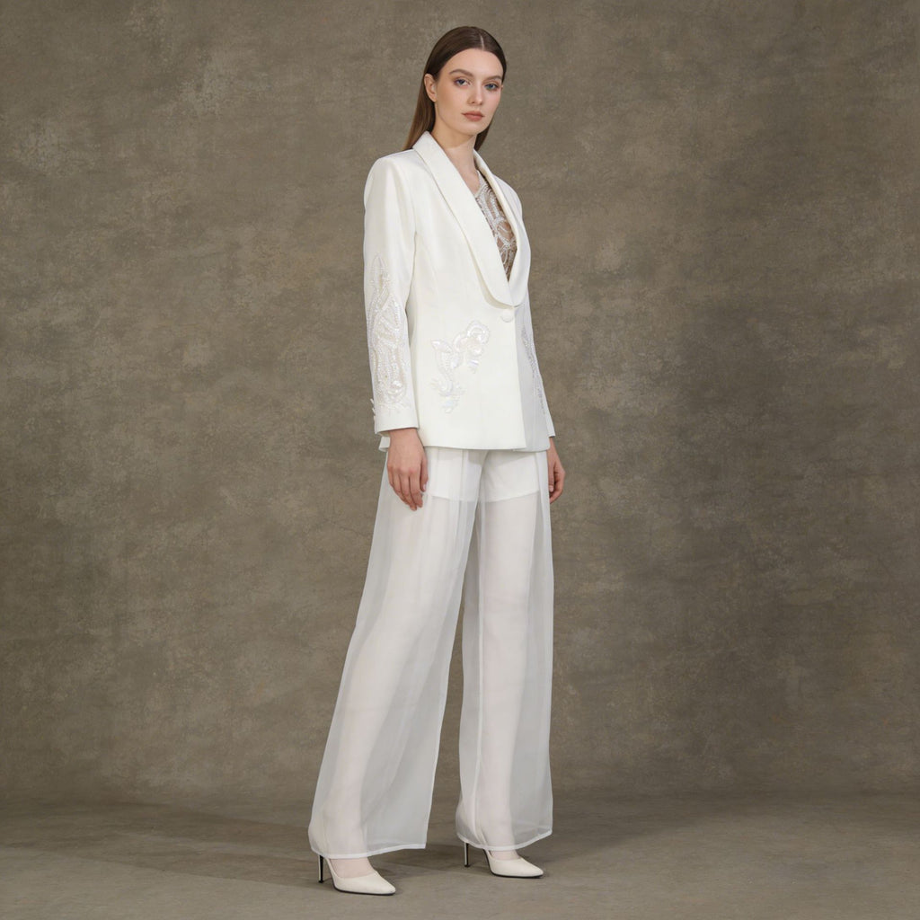 Two piece embroidered suit with perspective chiffon wide leg pants