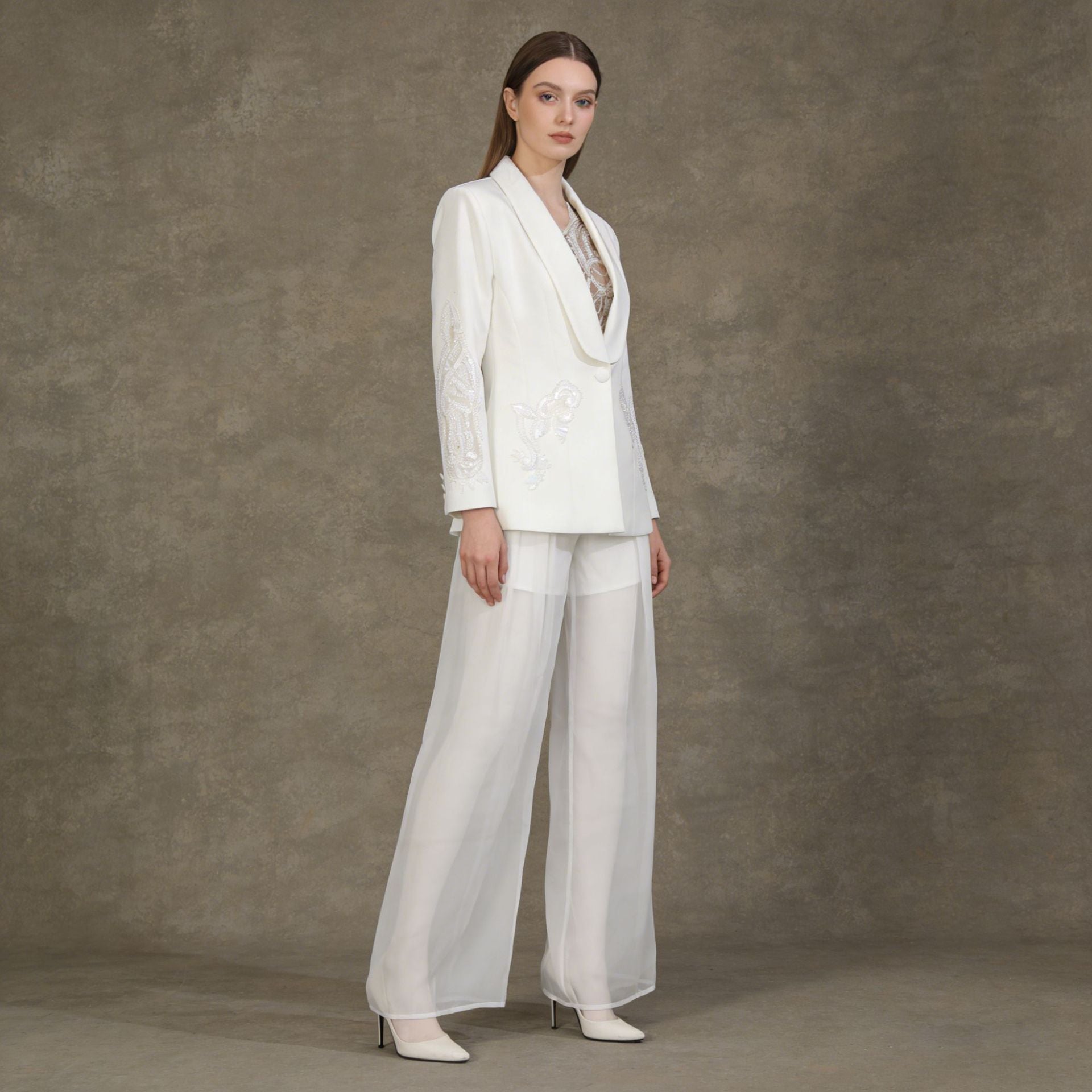 Two piece embroidered suit with perspective chiffon wide leg pants