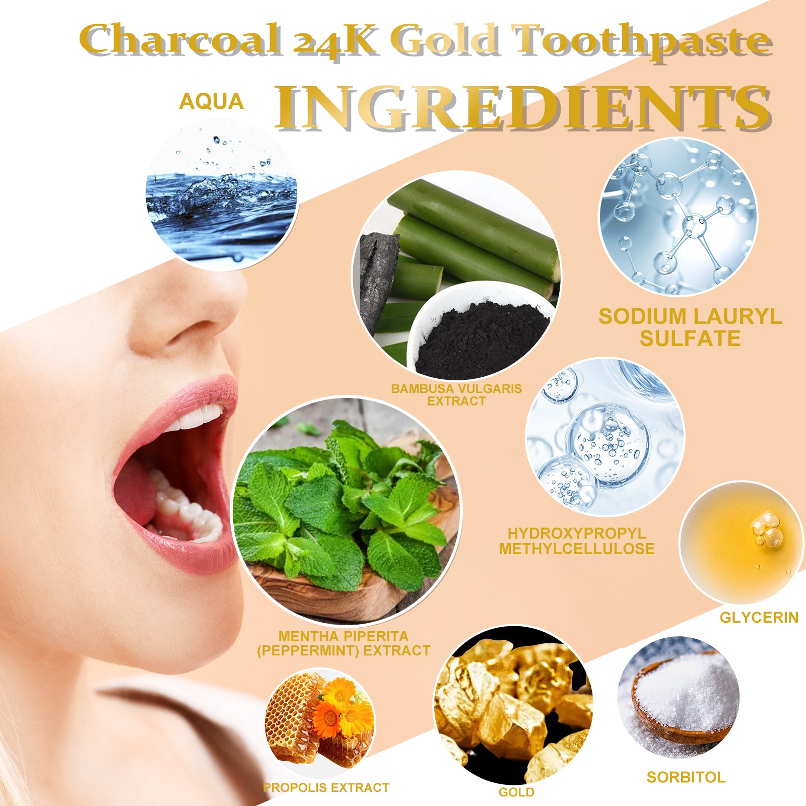 Dentifrice Charbon 24k Or EELHOE — Blanchiment Profond, Anti-Tartre & Haleine Fraîche