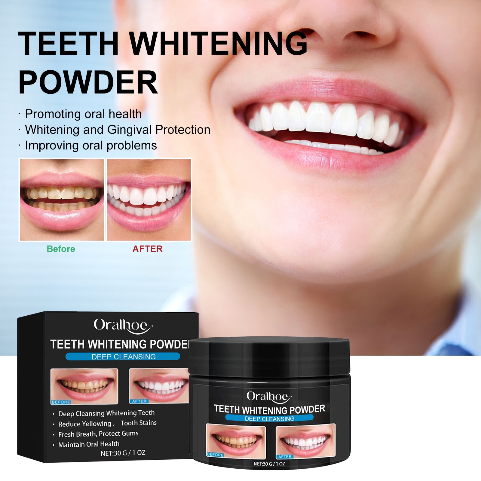 Poudre Blanchissante Dentaire Premium — Anti-Tartre, Anti-Fumée & Sourire Éclatant