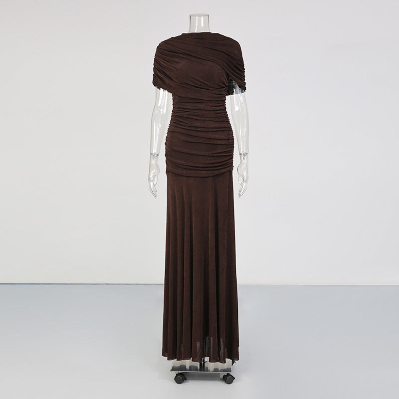 Robe Longue Sans Manches Col Entassé Taille Cinée — Femme