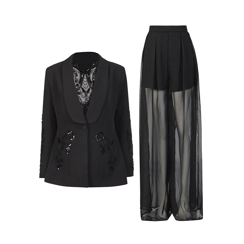 Two piece embroidered suit with perspective chiffon wide leg pants