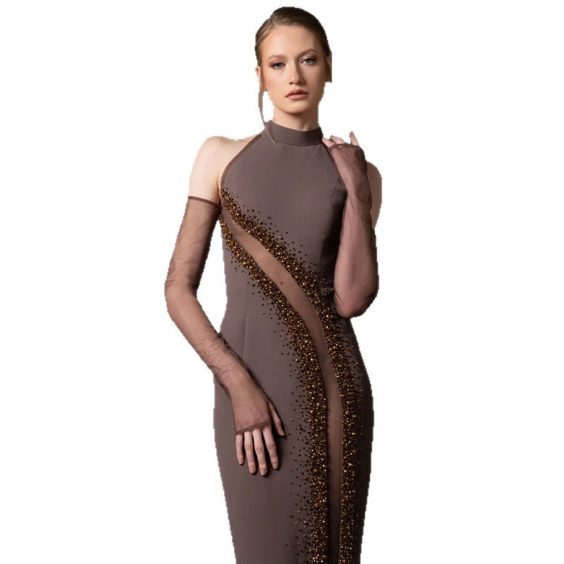 Robe Longue Mesh Transparent Perles — Style Soirée Femme