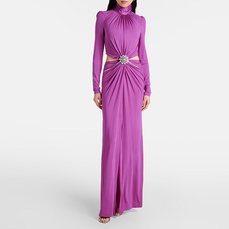 Robe Longue Élastique Strass Taille Creusée — Soirée Femme