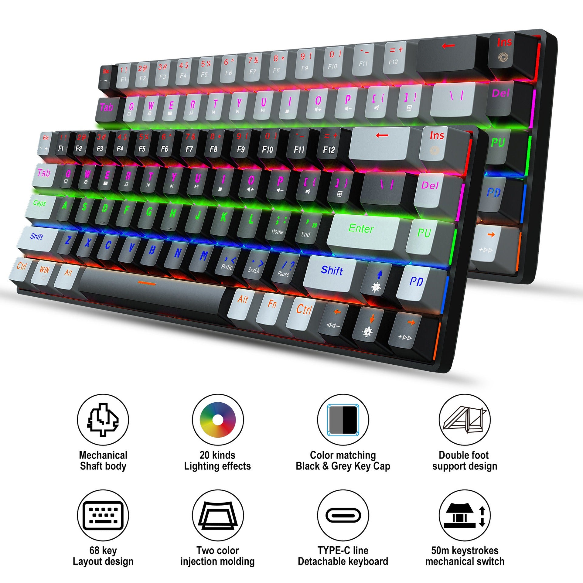 Clavier Mécanique Gaming 68 Touches RGB — Switch Bleu/Rouge