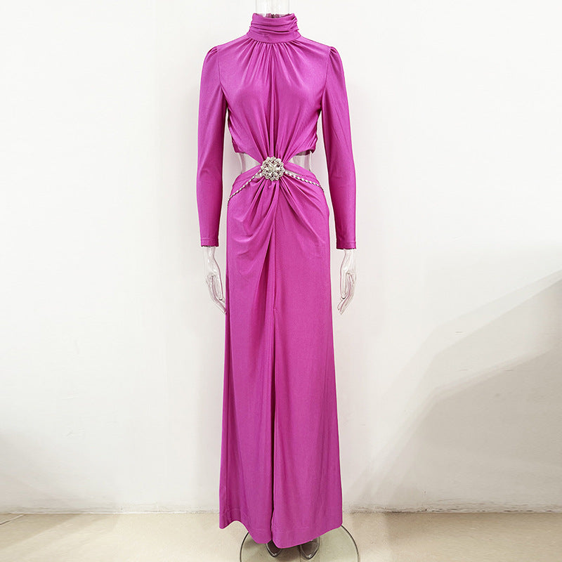 Robe Longue Élastique Strass Taille Creusée — Soirée Femme
