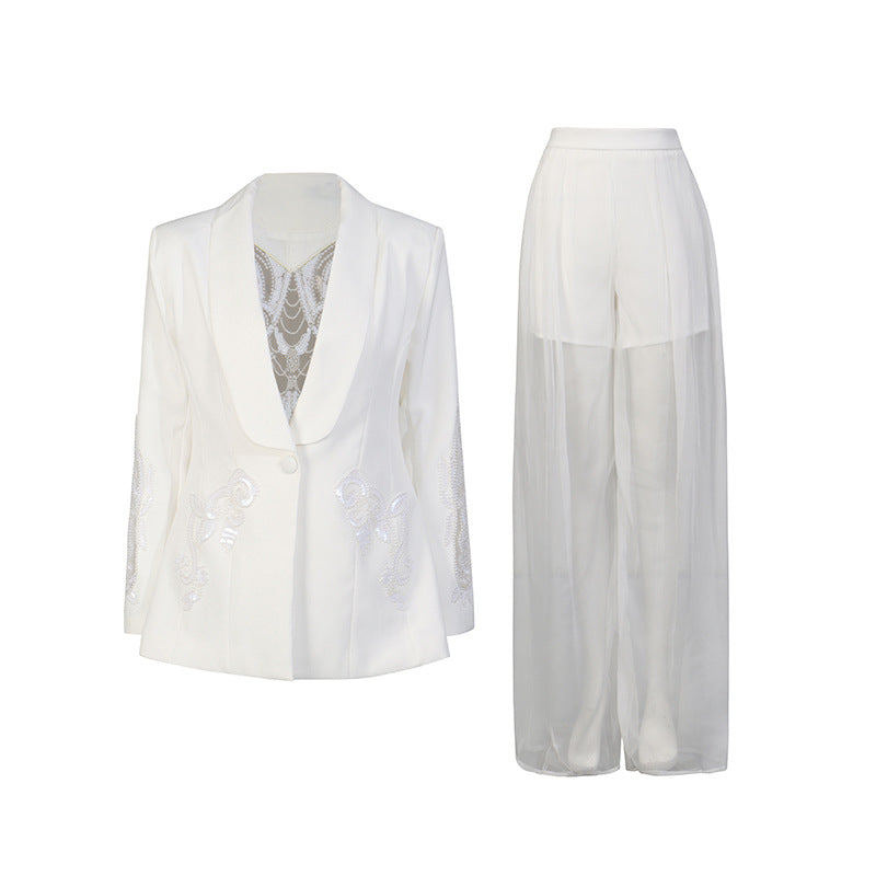 Two piece embroidered suit with perspective chiffon wide leg pants