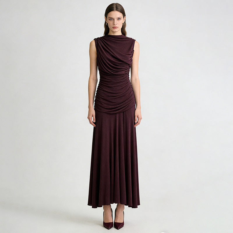 Robe Longue Sans Manches Col Entassé Taille Cinée — Femme