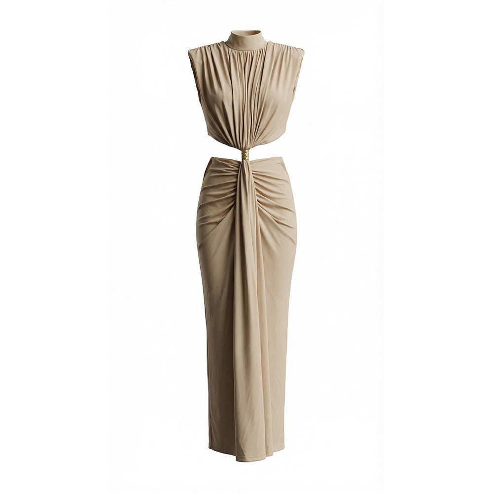 Robe Longue Col Haut Sans Manches Nouée Creusée — Sexy Minimaliste