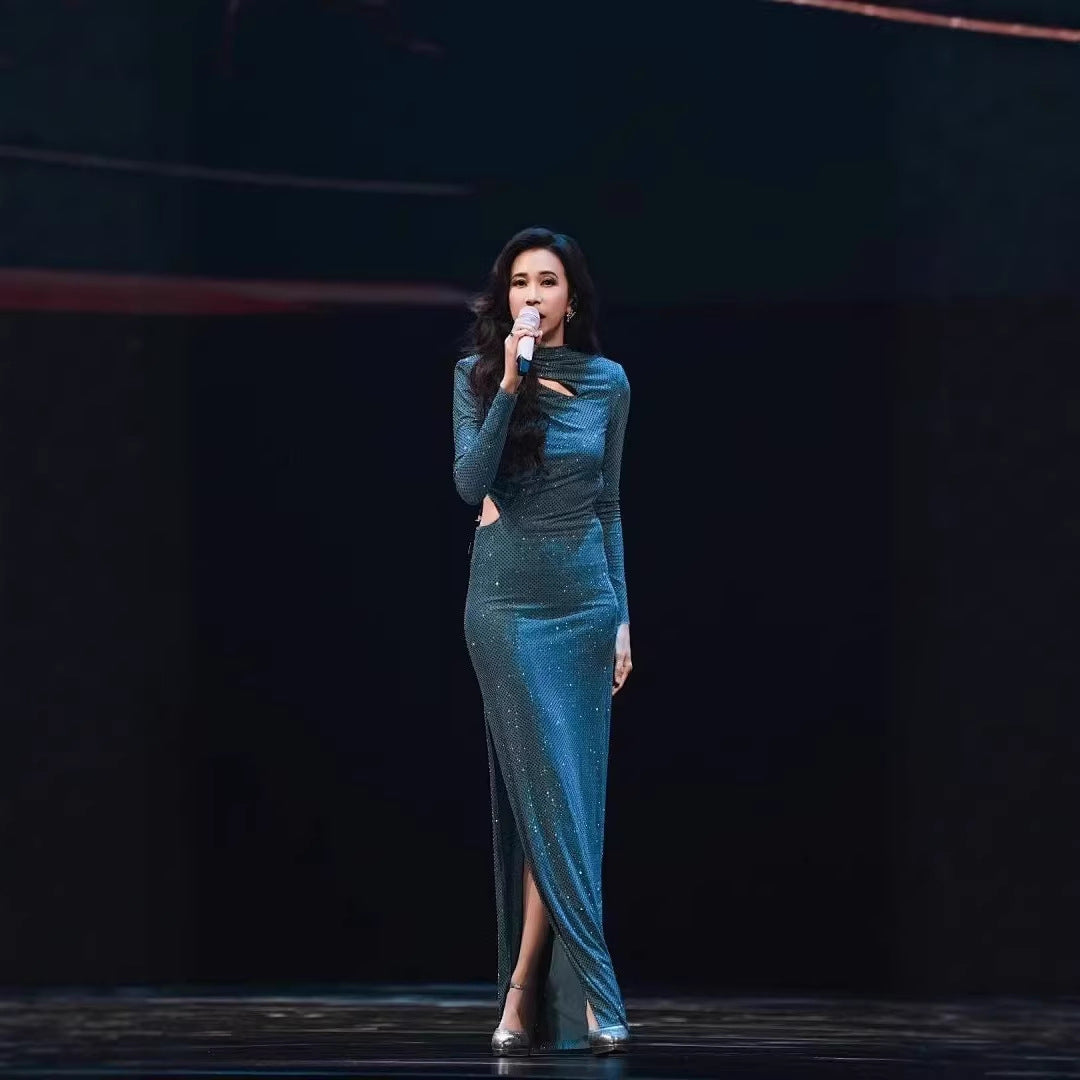 Robe Longue Dos Nu Fendue Manches Longues — Style Femme