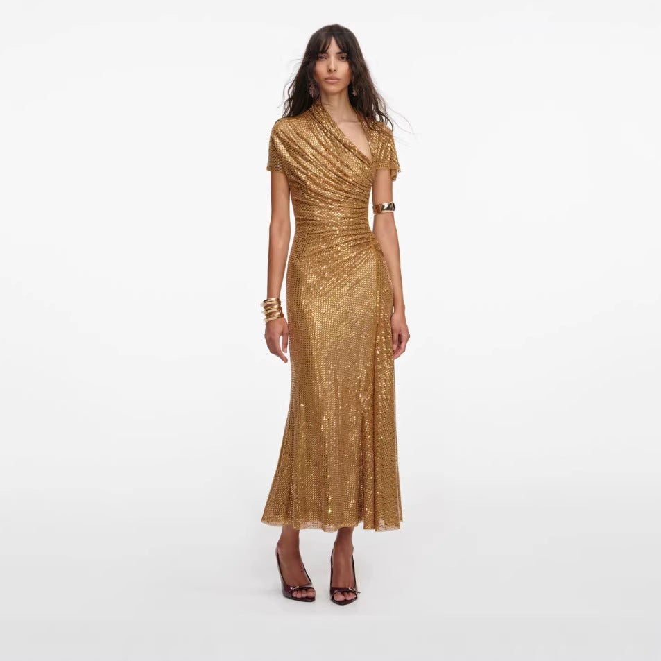 Robe Soirée Asymétrique Strass Sans Manches — Or Glamour