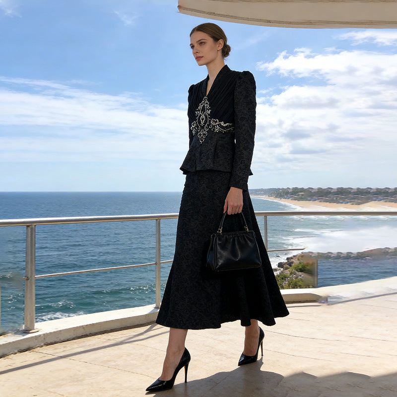 Ensemble Veste & Jupe Longue Motif Géométrique — Style Vintage