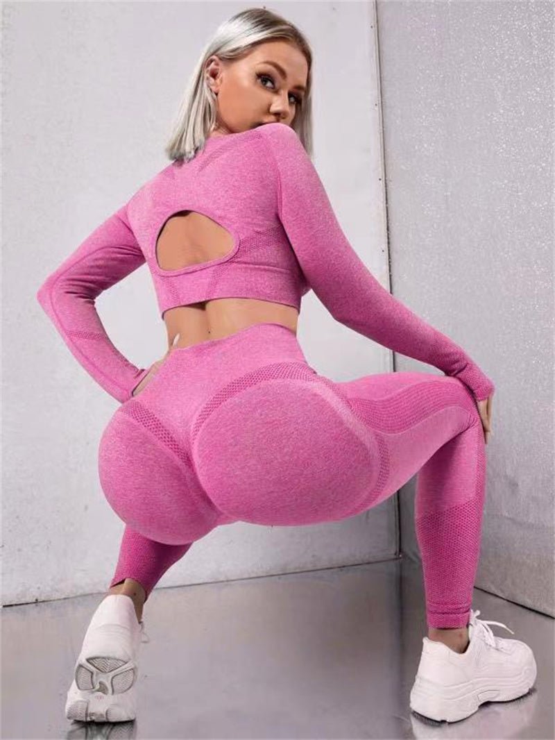 2pcs Sports Suits Long Sleeve Hollow Design Tops And Butt Lifting High Waist Seamless Fitness Leggings Sports Gym Sportswear Outfits Clothing - SUKSU - selling