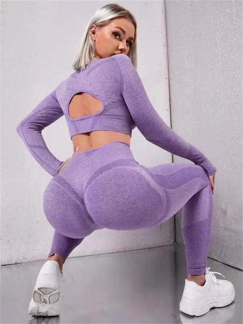 2pcs Sports Suits Long Sleeve Hollow Design Tops And Butt Lifting High Waist Seamless Fitness Leggings Sports Gym Sportswear Outfits Clothing - SUKSU - selling
