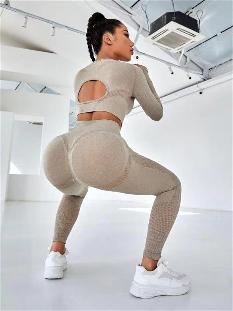 2pcs Sports Suits Long Sleeve Hollow Design Tops And Butt Lifting High Waist Seamless Fitness Leggings Sports Gym Sportswear Outfits Clothing - SUKSU - selling