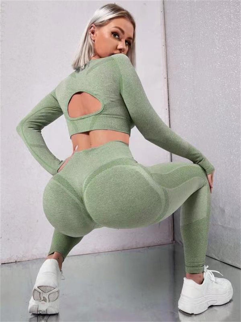 2pcs Sports Suits Long Sleeve Hollow Design Tops And Butt Lifting High Waist Seamless Fitness Leggings Sports Gym Sportswear Outfits Clothing - SUKSU - selling