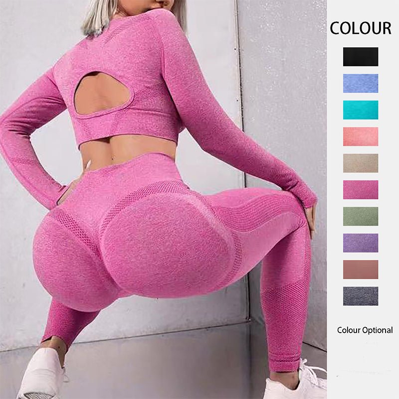 2pcs Sports Suits Long Sleeve Hollow Design Tops And Butt Lifting High Waist Seamless Fitness Leggings Sports Gym Sportswear Outfits Clothing - SUKSU - selling