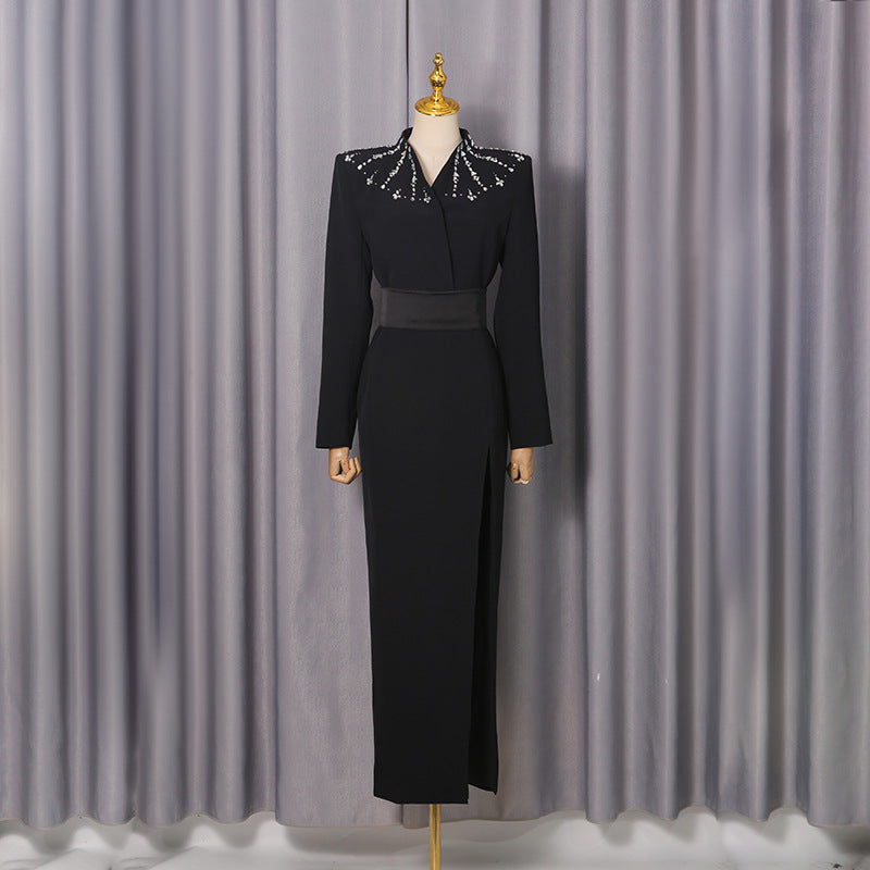 Robe Longue Strass Slim Fit Col Montant — Lady Style Noir