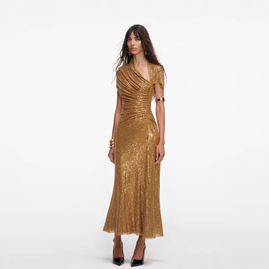Robe Soirée Asymétrique Strass Sans Manches — Or Glamour