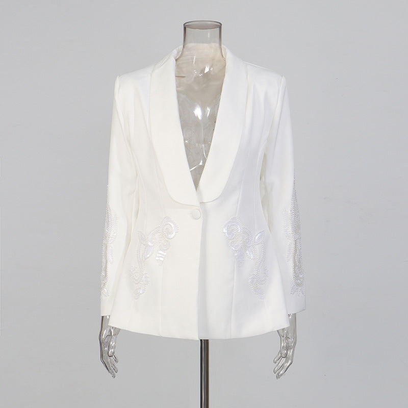 Two piece embroidered suit with perspective chiffon wide leg pants