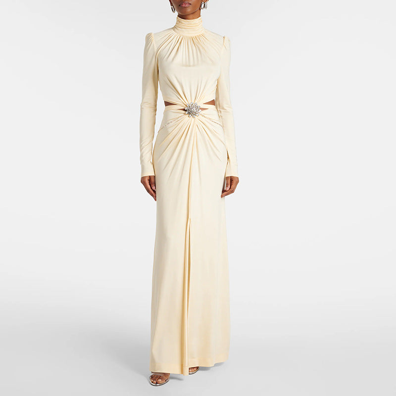Robe Longue Élastique Strass Taille Creusée — Soirée Femme