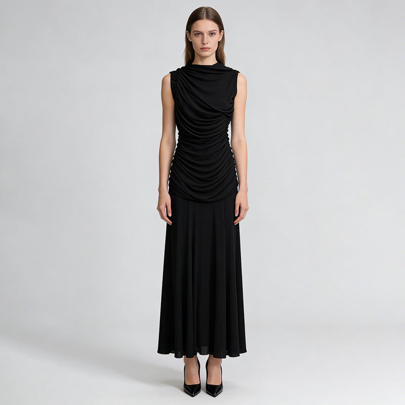 Robe Longue Sans Manches Col Entassé Taille Cinée — Femme