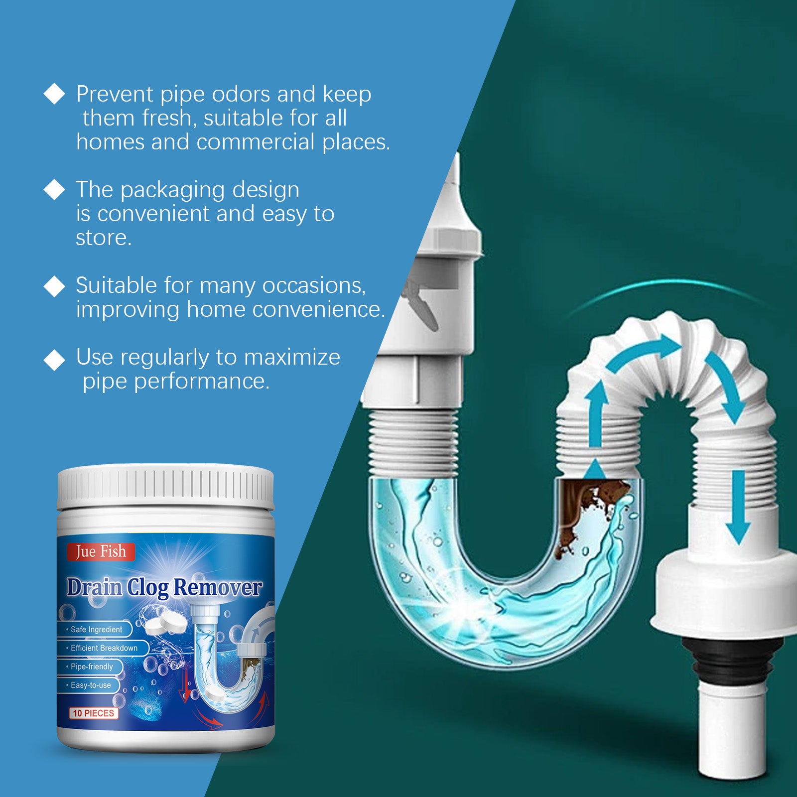 Jue-Fish Pipe Unclogging Effervescent Tablet, Kitchen And Bathroom Drain Oil Blockage Dissolving Deodorant Cleaning Effervescent Tablet