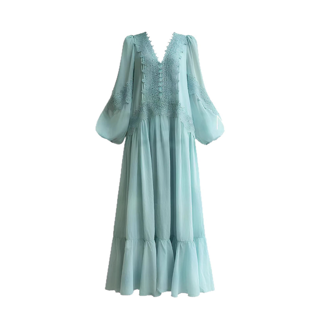 Robe Mi-Longue Brodée Col V Taille Ajustable — Style Casual Femme