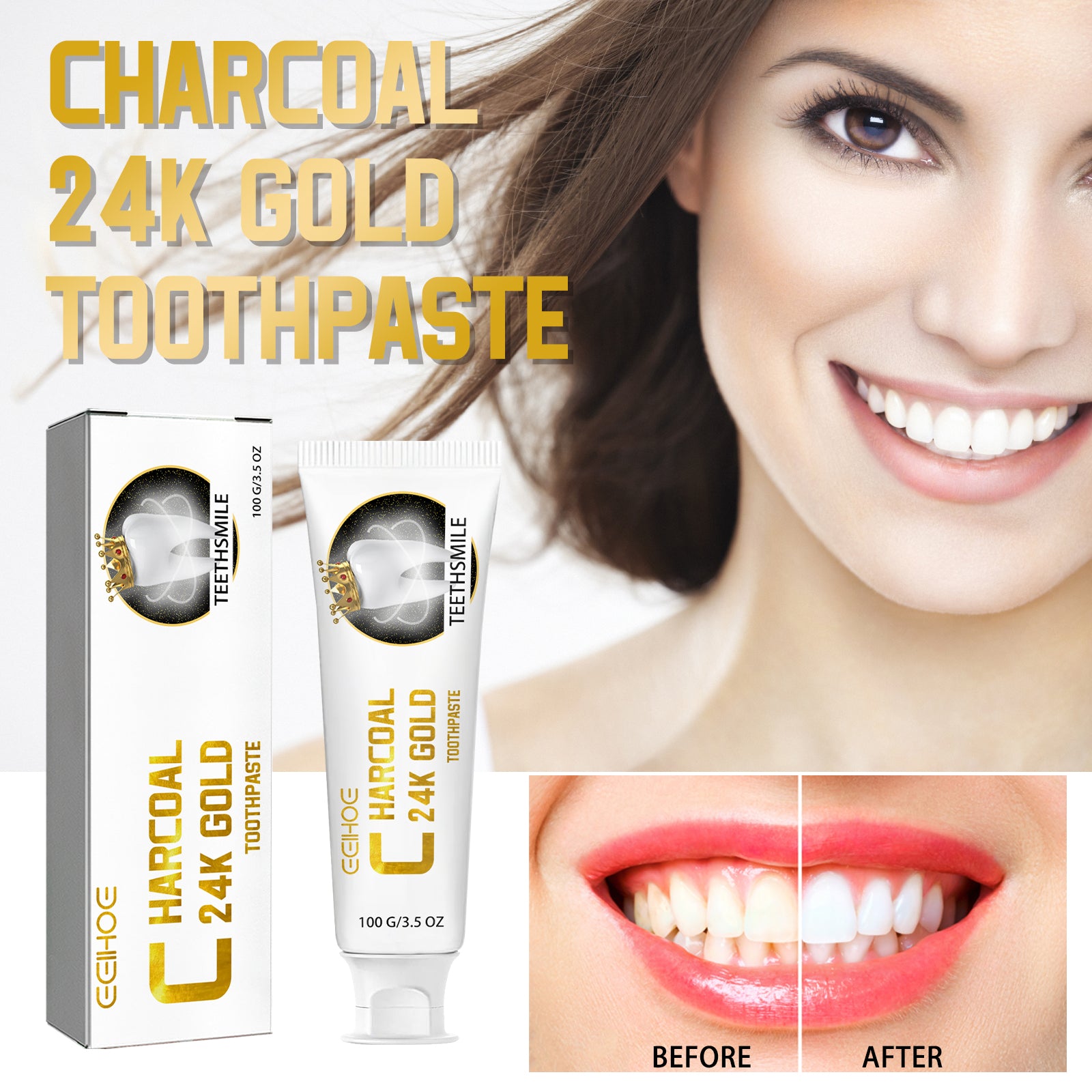 Dentifrice Charbon 24k Or EELHOE — Blanchiment Profond, Anti-Tartre & Haleine Fraîche