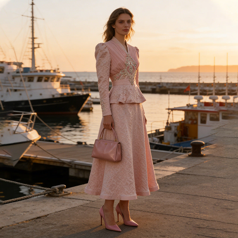 Ensemble Veste & Jupe Longue Motif Géométrique — Style Vintage
