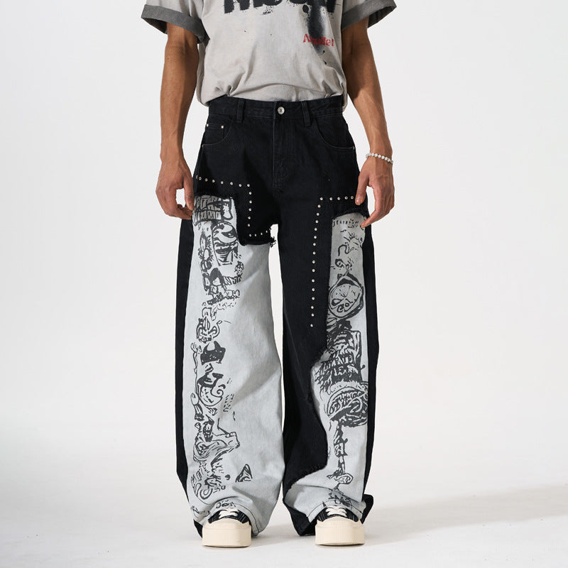 Jean Homme Graffiti Patchwork Perles — Style Street Fashion