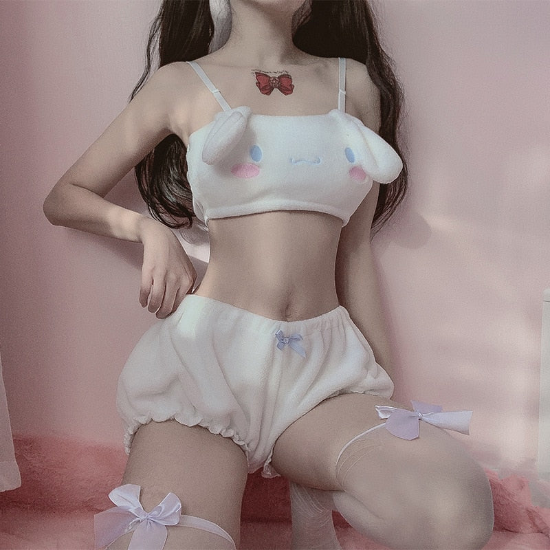 Cute Lingerie Animated Pattern Shoulder Straps Japanese Soft Girl Pink Black Milk Silk Plush Tube Top Pajamas Women Pajamas