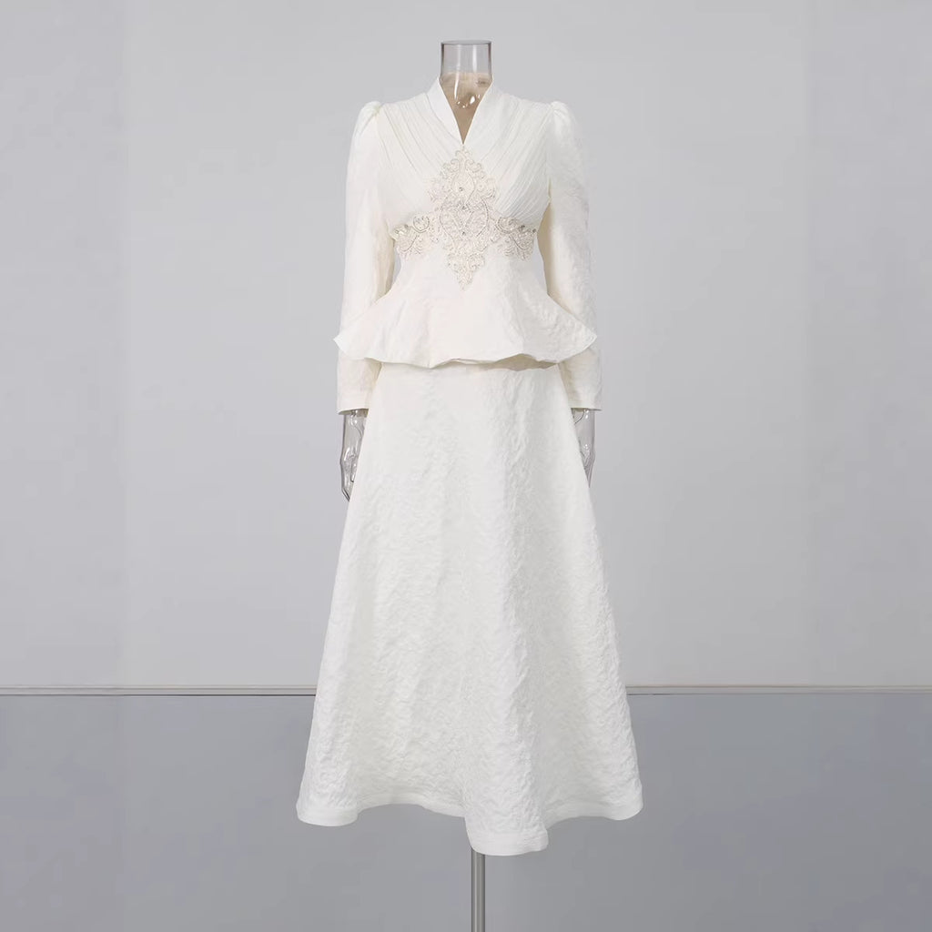 Ensemble Veste & Jupe Longue Motif Géométrique — Style Vintage