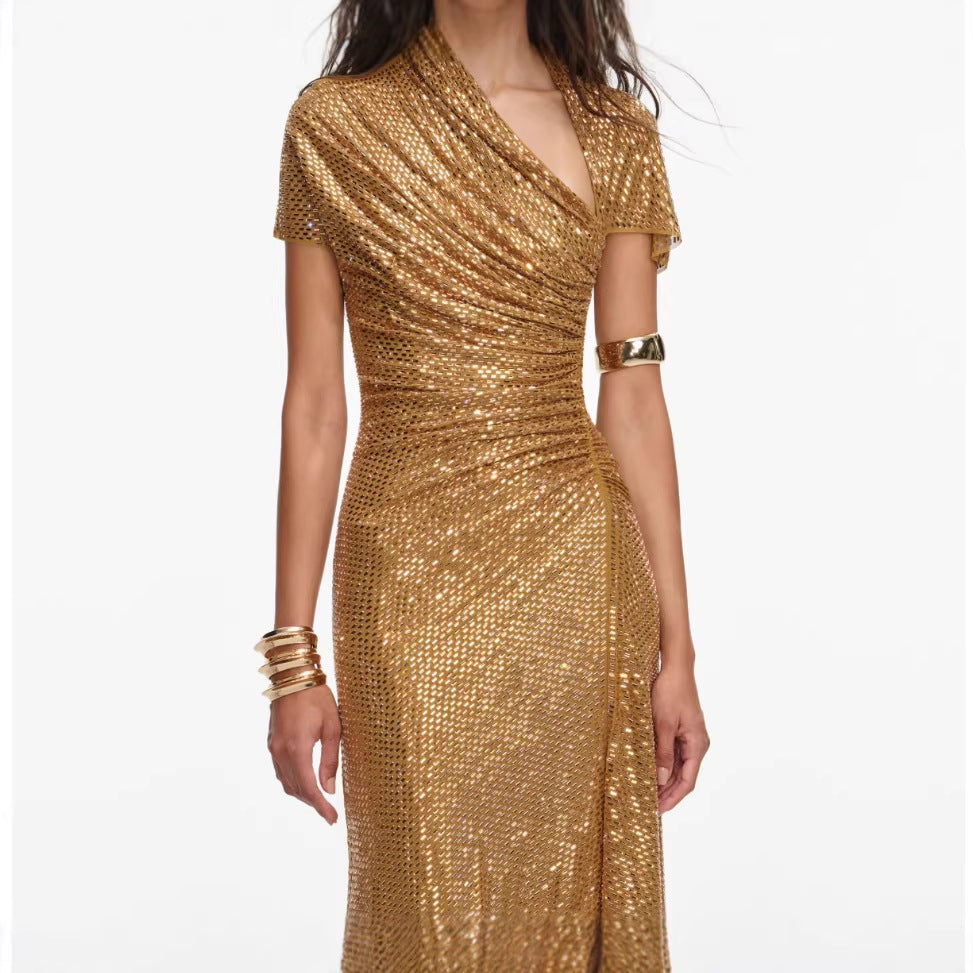 Robe Soirée Asymétrique Strass Sans Manches — Or Glamour