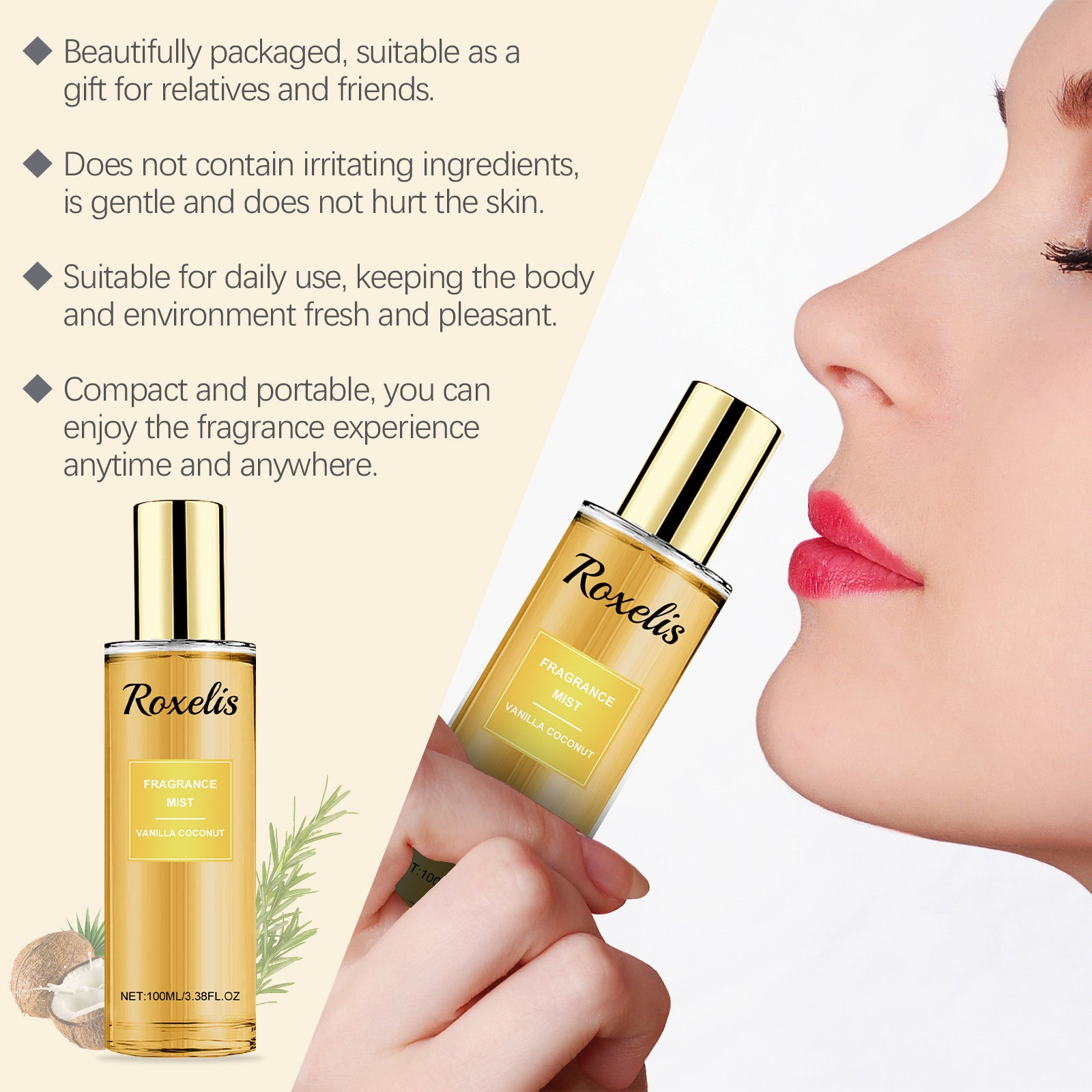 Spray Corps Roxelis Vanille & Coco — Fragrance Fruitée, Fraîche & Longue Tenue