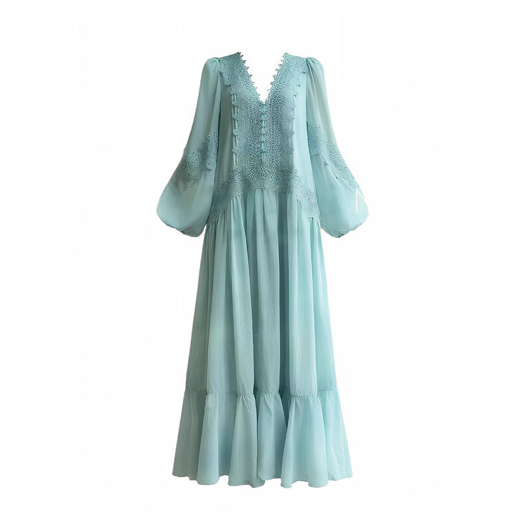 Robe Mi-Longue Brodée Col V Taille Ajustable — Style Casual Femme