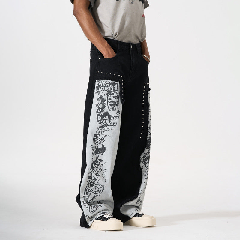 Jean Homme Graffiti Patchwork Perles — Style Street Fashion