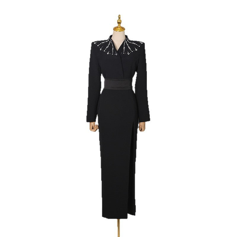 Robe Longue Strass Slim Fit Col Montant — Lady Style Noir