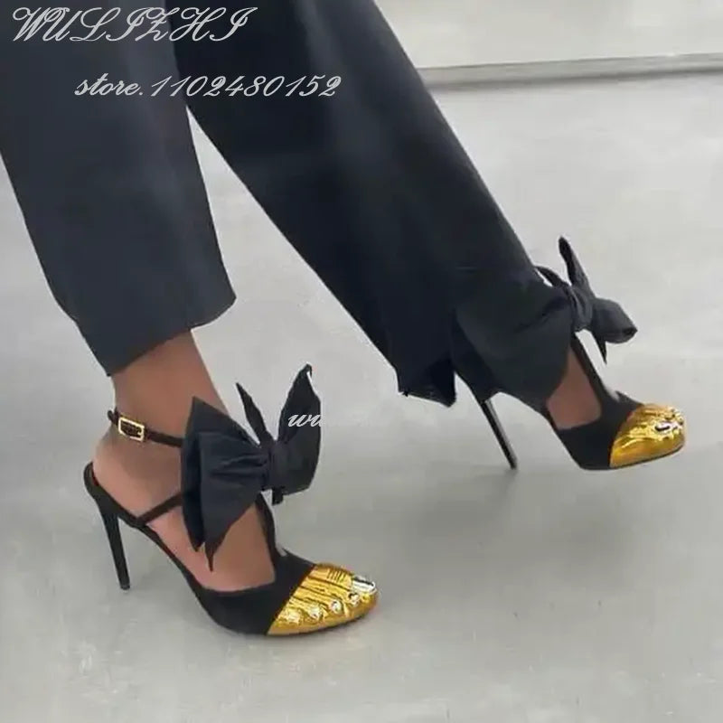 Sandales Stiletto Or 5 Orteils Nœud Bride Cheville — Soirée Femme