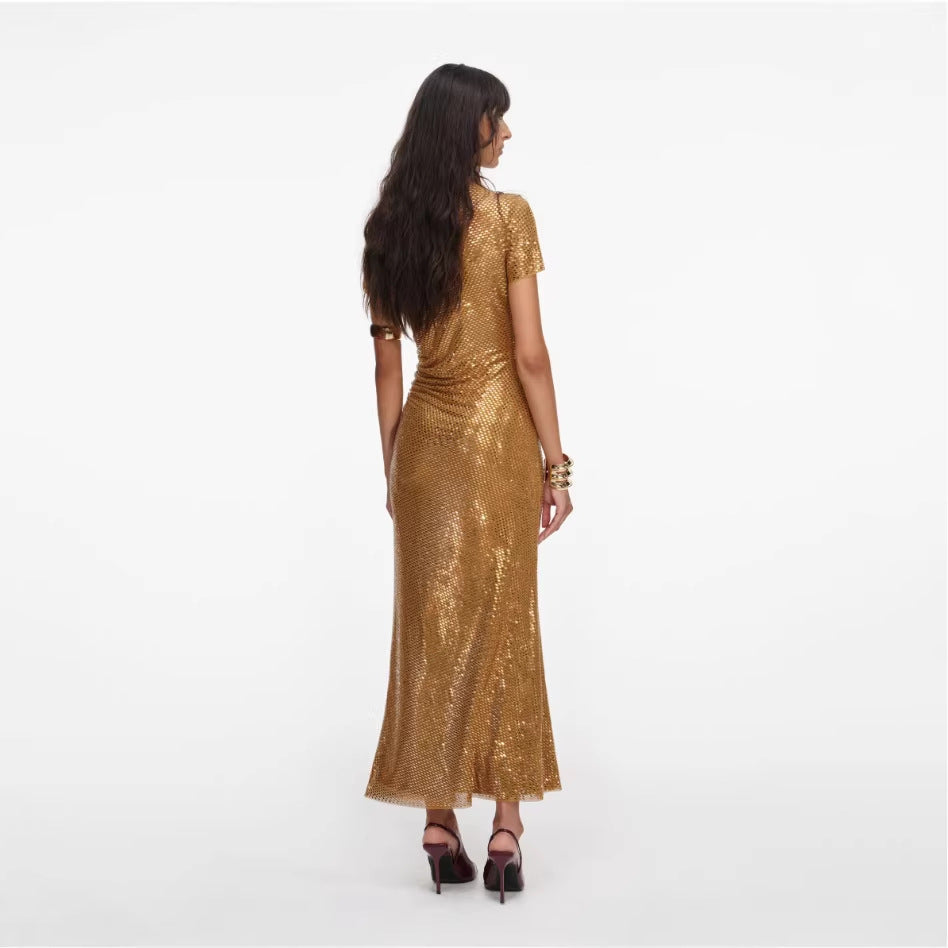 Robe Soirée Asymétrique Strass Sans Manches — Or Glamour