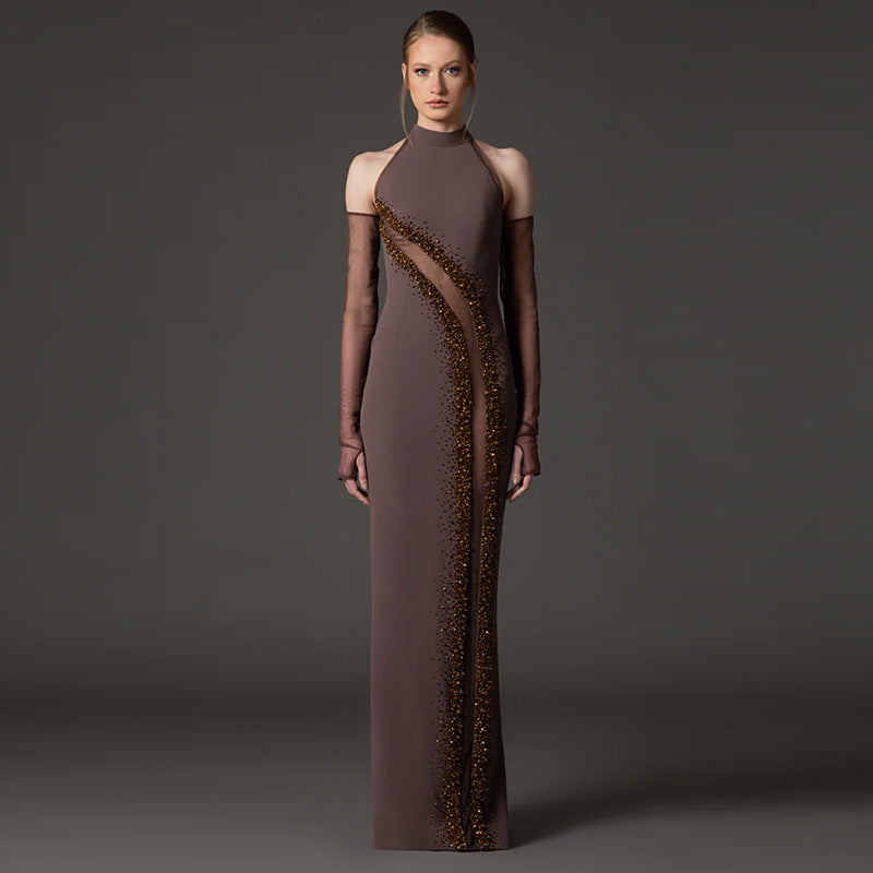 Robe Longue Mesh Transparent Perles — Style Soirée Femme