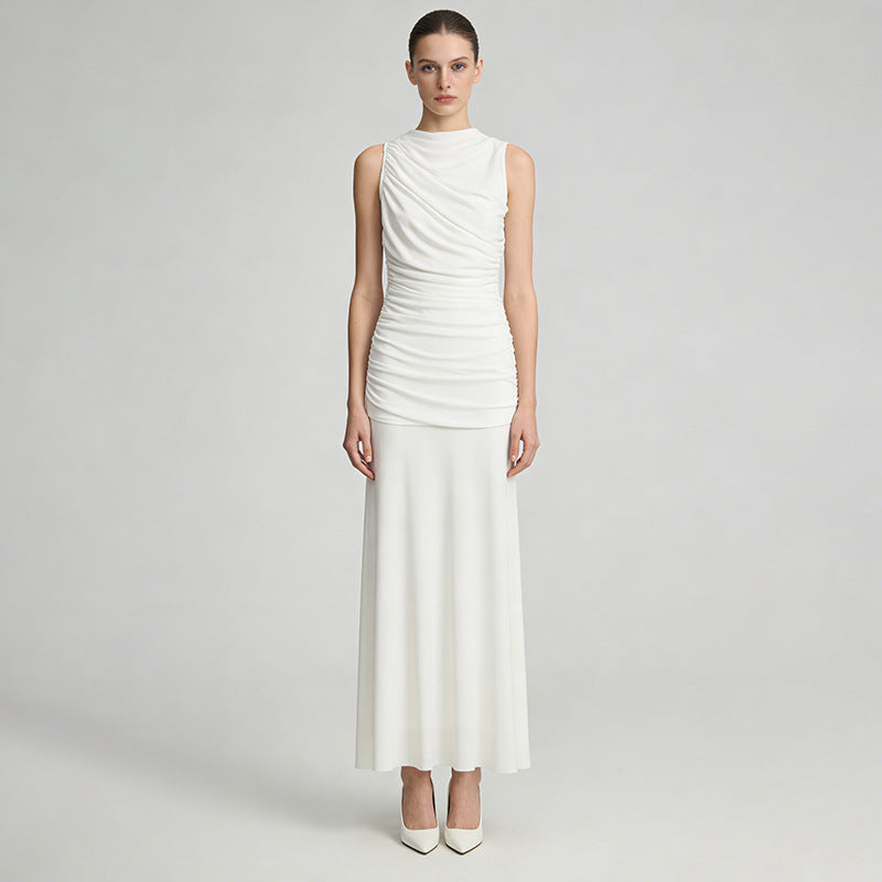 Robe Longue Sans Manches Col Entassé Taille Cinée — Femme