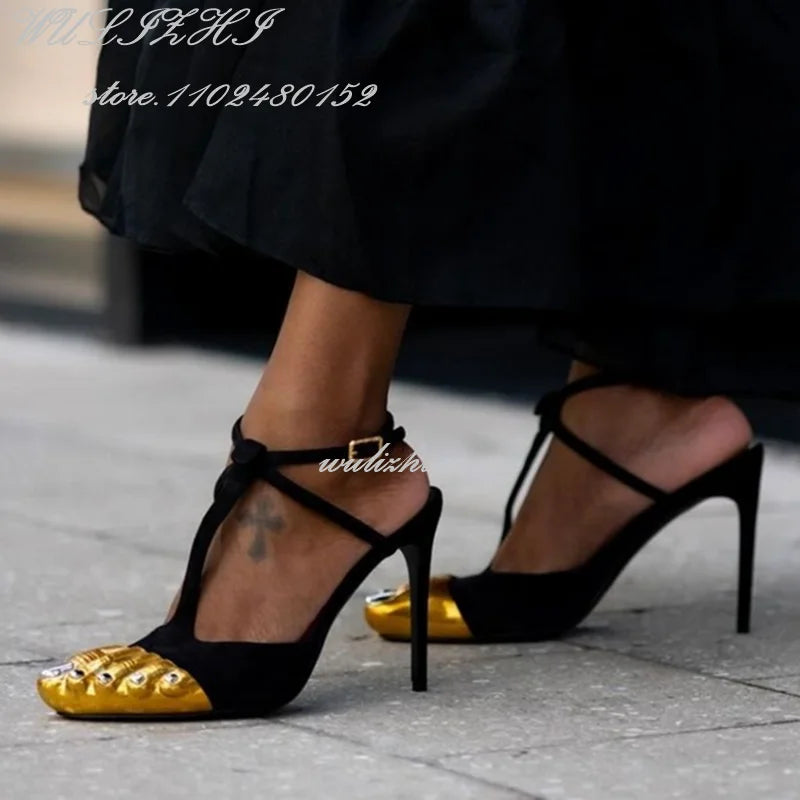 Sandales Stiletto Or 5 Orteils Nœud Bride Cheville — Soirée Femme