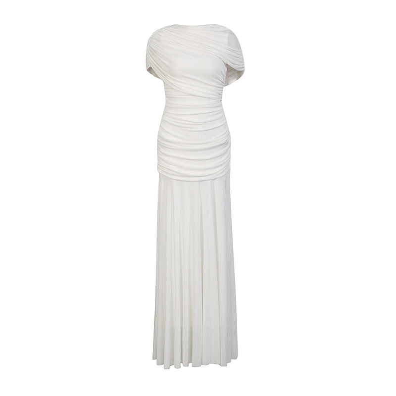 Robe Longue Sans Manches Col Entassé Taille Cinée — Femme