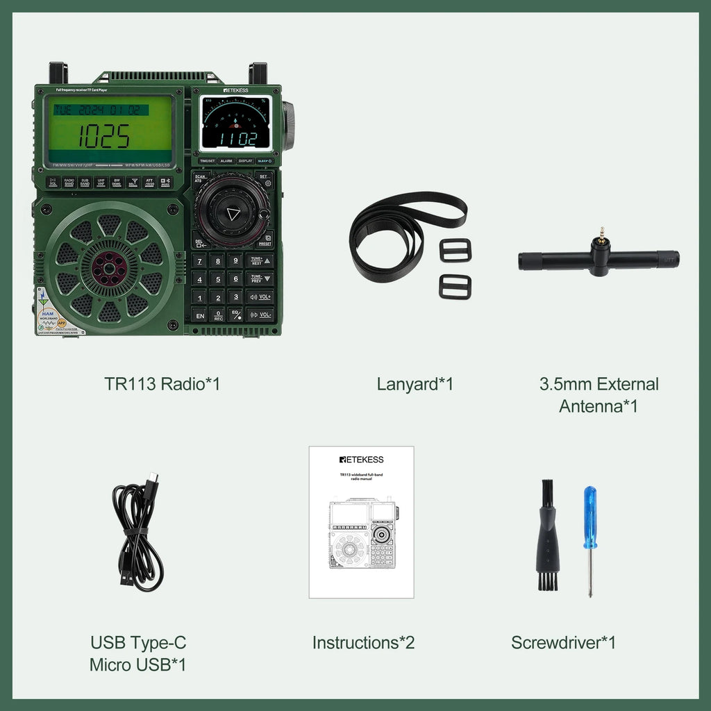 Retekess TR113 Portable Radio Flagship Fever Receiver Full Band Ham Radio Amateur Shortwave Antenna Bluetooth Radios VHF UHF SSB