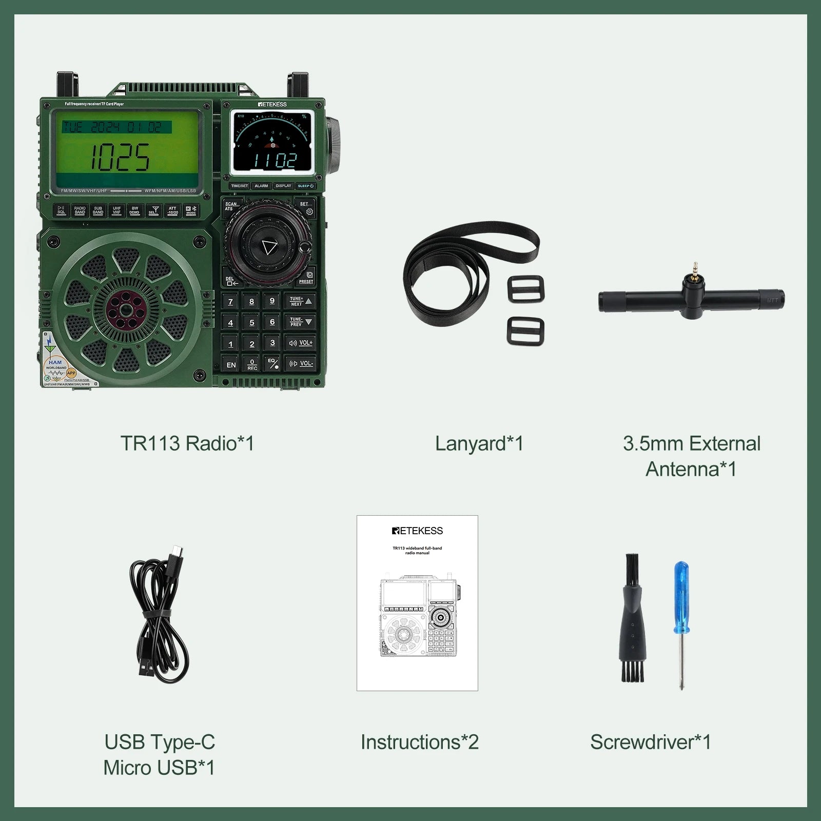 Retekess TR113 Portable Radio Flagship Fever Receiver Full Band Ham Radio Amateur Shortwave Antenna Bluetooth Radios VHF UHF SSB