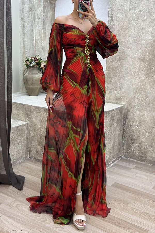 Two piece embroidered suit with perspective chiffon wide leg pants