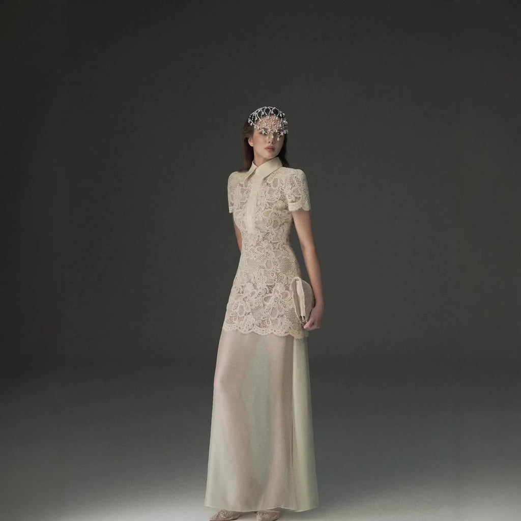 Robe Sirène Mi-Longue Dentelle Col Reversé — Taille Haute Femme